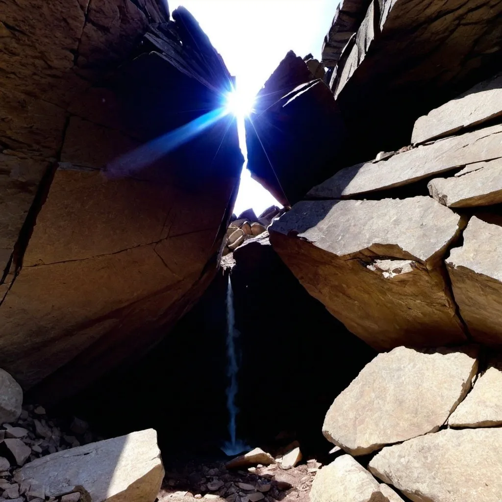 Prompt: Near the tip of one of the peaks lay an opening were light freely poured out. The opening was at one point fairly wide, but now it was mostly collapsed. The opening was filled with huge chunks of broken rock, in such a way that would bar entrance to all but the most flexible.