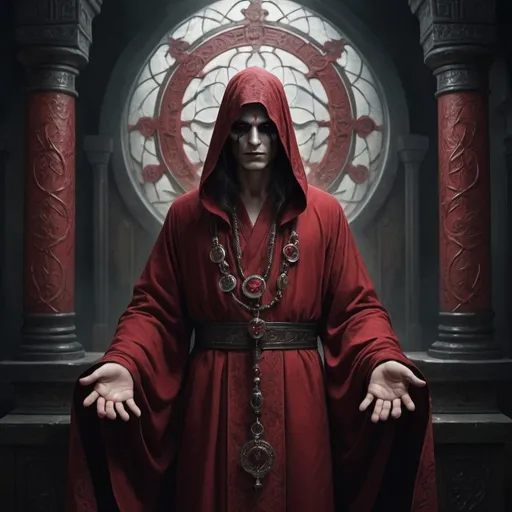 Prompt: In the dimly lit chambers of his sanctuary, the Healer emerges, his presence both comforting and foreboding. His appearance belies his sinister intentions, with gentle features that mask a darkness lurking beneath the surface. Dressed in flowing robes of deep crimson, adorned with symbols of healing and protection, he moves with an air of quiet confidence. His piercing gaze holds a hint of malice, betraying the facade of benevolence as he tends to his patients with practiced care. Yet, behind closed doors, whispers of deceit and manipulation echo, hinting at the true depths of his sinister nature.
