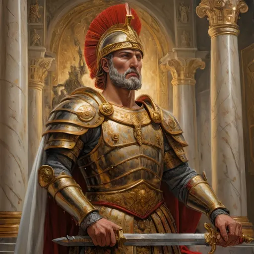 Prompt: 
"Create an awe-inspiring image capturing the essence of a warrior-king in the grand throne room. The figure of Augustus Aurelius Proudorious stands resplendent in gleaming armor, a symbol of strength and authority, with a two-handed sword in hand, its blade stained with blood from battles past. His regal presence commands attention as he stands away from the throne, a testament to his commitment to fight alongside his loyal legions on the battlefield.

Clad in intricately crafted armor adorned with symbols of his reign, Augustus exudes an aura of power and majesty. His helm, adorned with a majestic crest, casts a shadow over his stern yet noble visage, framing eyes that burn with the fire of conviction.

Before him, his legions kneel in reverence, their heads bowed in homage to their revered leader. Each warrior bears the marks of battle, their armor worn and their faces weathered by the trials of war. Yet, in their eyes, there is unwavering loyalty and unwavering devotion to their High-Emperor.

The throne room echoes with the solemnity of the moment, the air heavy with the weight of history and the promise of a future forged by the might of the Undefeated Legions. As Augustus surveys his faithful subjects, a sense of pride swells within him, knowing that together, they are destined to overcome any challenge that dares to stand in their way.

The artist is encouraged to capture the intensity of the scene, highlighting the warrior-king's leadership and his willingness to stand shoulder to shoulder with his soldiers in the face of adversity."