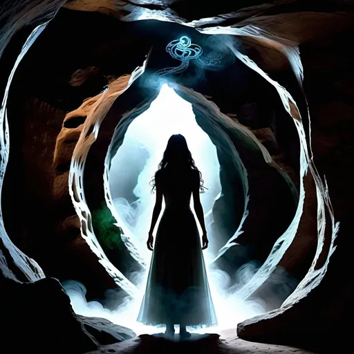 Prompt: In the dimly lit alcove of a cavern, a mysterious figure stands shrouded in swirling mists, her form ethereal and insubstantial. Her eyes, alight with an otherworldly glow, pierce through the darkness, revealing glimpses of hidden knowledge and ancient power. Wisps of smoke curl around her, twisting and coiling like serpents as she raises her hands in a gesture of invocation. Behind her, the cavern walls are adorned with strange symbols and glyphs, their meaning lost to all but the most knowledgeable observers. As she speaks, her voice echoes through the chamber, resonating with a haunting melody that seems to transcend the boundaries of time and space.