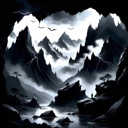 Prompt: Far to the East lie a set of mountains that, despite their massive size, were hidden from sight behind a veil of dense magic. Their jagged edges and steep faces towered over the approaching storm. Its color was Stygian and their dark faces contrasted with the already present abyss. The lightning casted shadows over the jagged rocks and let the creatures who were born in darkness, roam free across the mountain range.  Their giggles and chittering echoed across the valley, their sounds an organized symphony.