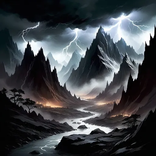 Prompt: Far to the East lie a set of mountains that, despite their massive size, were hidden from sight behind a veil of dense magic. Their jagged edges and steep faces towered over the approaching storm. Its color was Stygian and their dark faces contrasted with the already present abyss. The lightning casted shadows over the jagged rocks and let the creatures who were born in darkness, roam free across the mountain range.  Their giggles and chittering echoed across the valley, their sounds an organized symphony.