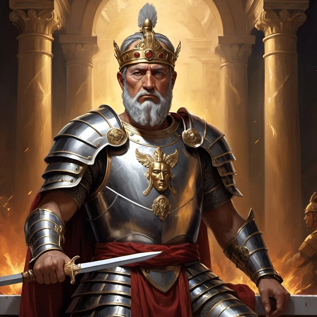 Prompt: Prompt:
"Create an awe-inspiring image capturing the essence of a warrior-king in the grand throne room. The figure of Augustus Aurelius Proudorious stands resplendent in gleaming armor, a symbol of strength and authority, with a two-handed sword in hand, its blade stained with blood from battles past. An executioner of justice. His regal presence commands attention as he stands away from the throne, a testament to his commitment to fight alongside his loyal legions on the battlefield.

Clad in intricately crafted armor adorned with symbols of his reign, Augustus exudes an aura of power and majesty. His helm, adorned with a majestic crest, casts a shadow over his stern yet noble visage, framing eyes that burn with the fire of conviction.

Before him, his legions kneel in reverence, their heads bowed in homage to their revered leader. Each warrior bears the marks of battle, their armor worn and their faces weathered by the trials of war. Yet, in their eyes, there is unwavering loyalty and unwavering devotion to their High-Emperor.

The throne room echoes with the solemnity of the moment, the air heavy with the weight of history and the promise of a future forged by the might of the Undefeated Legions. As Augustus surveys his faithful subjects, a sense of pride swells within him, knowing that together, they are destined to overcome any challenge that dares to stand in their way.

The artist is encouraged to capture the intensity of the scene, highlighting the warrior-king's leadership and his willingness to stand shoulder to shoulder with his soldiers in the face of adversity."