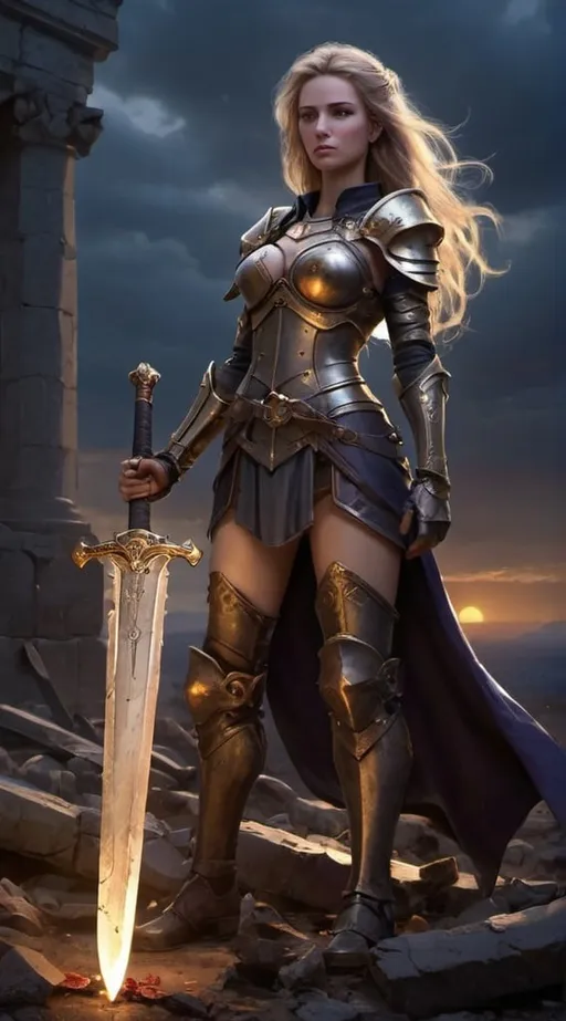 Prompt: In the image, Seraphine Nightshade stands tall amidst a desolate battlefield, her armor battered and scarred from countless battles. The setting sun casts a golden glow upon the landscape, illuminating the ruins of a once-great fortress crumbling in the background.

Seraphine's armor, though worn, still bears the symbols of her noble lineage, a reminder of the honor and duty that once defined her. Her sword, gripped firmly in her hand, is stained with the blood of her enemies, its blade shimmering in the fading light.

Despite the weariness etched upon her face, there is a fierce determination in Seraphine's eyes, a fire that refuses to be extinguished. She stands as a beacon of hope amidst the chaos and despair, a symbol of defiance against the forces of darkness that threaten to engulf the realm.

In the distance, a solitary figure watches Seraphine from the shadows, their intentions unknown. But Seraphine pays them no heed, her focus unwavering as she prepares to face whatever challenges lie ahead. She is the Fallen Champion, a warrior forged in the crucible of battle, and her legend will endure long after the echoes of war have faded into memory.