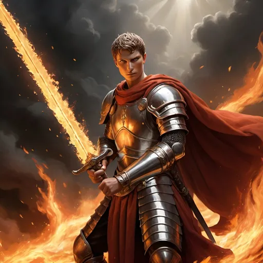 Prompt: Sword of Flame, a manifestation of his formidable power and unwavering resolve.

In the midst of a raging battlefield, Augustus stands as a beacon of hope amidst the chaos, his figure illuminated by the flickering flames that dance along the length of his blazing weapon. With a commanding presence, he raises the Sword of Flame high above his head, its fiery blade casting a radiant glow that cuts through the darkness of the battlefield.

The Sword of Flame itself is a sight to behold, its blade forged from the very essence of elemental fire and imbued with the ancient power of the primordial entities of flame. Flames lick along its edges, their intensity pulsating with the heat of a thousand suns, while sparks of ember dance and crackle in the air around it.

Augustus's expression is one of fierce determination, his eyes ablaze with the same fiery intensity as his weapon. In his other hand, he holds his helm adorned with a majestic crest, a symbol of his authority and command over the forces of fire.

Behind Augustus, his loyal legions stand ready to fight, their faces set in grim determination as they prepare to follow their High-Emperor into battle. Together, they are an unstoppable force, fueled by the flames of justice and the promise of victory.

The artist is encouraged to capture the dynamic energy and intensity of the scene, emphasizing the power and majesty of Augustus Aurelius Proudorious as he wields the Sword of Flame, ready to lead his legions to victory against all who dare to oppose them."