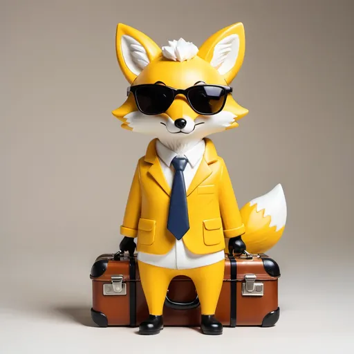 Prompt: a cute yellow fox with sunglasses holding a suitcase