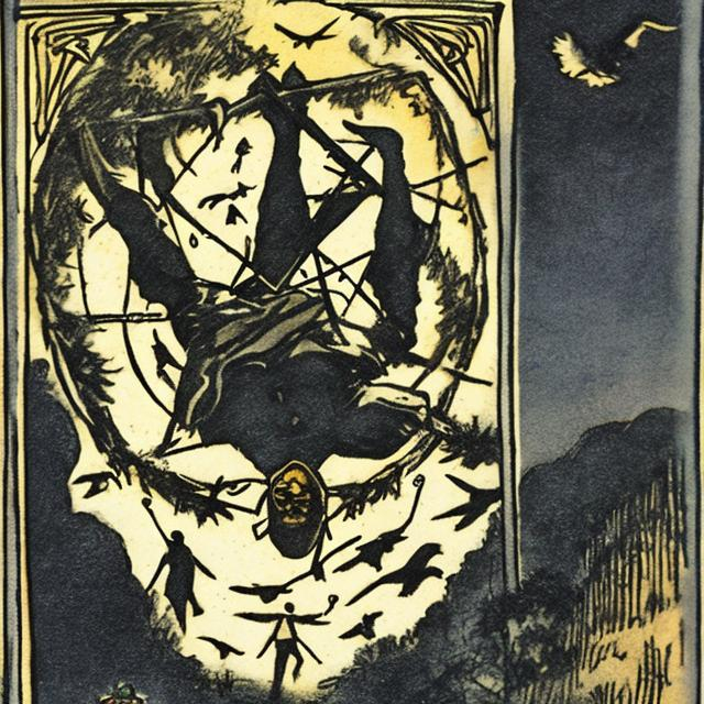 Prompt: Hanged man tarot card hanged man bouncing up.and down with crows flying at him