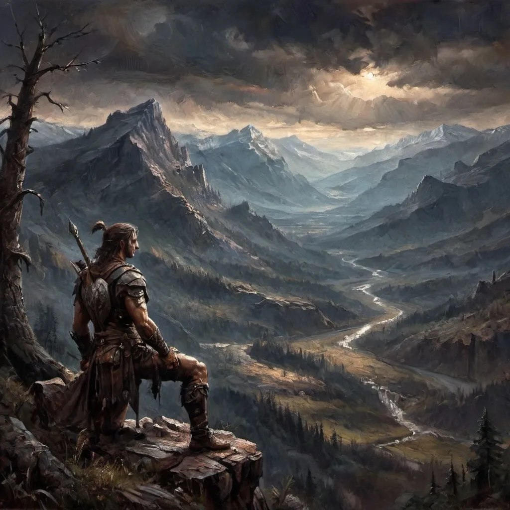 Prompt: Leather-clad, weathered warrior gazing over the wild, dark fantasy valley, vast dark forests sprawling below, foreboding mountains looming on the horizon, cinematic atmosphere, deep contrast between shadows and light, rich dark hues dominating the landscape, immense detail, ultra-detailed, high-resolution, evoking a sense of adventure and mystery.