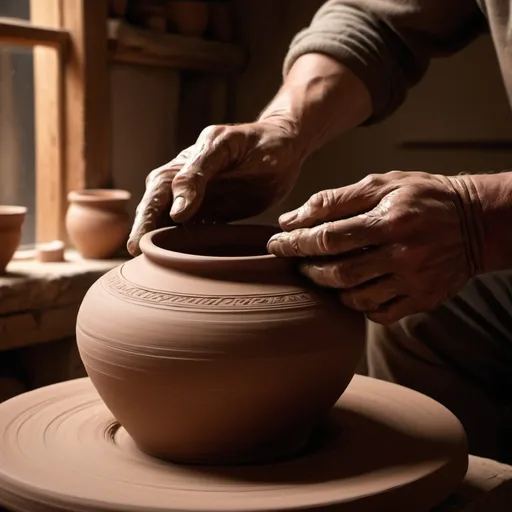 Prompt: The scene is set in a dimly lit pottery studio. A potters hands are working at a throwing wheel, soft light filtering in through a nearby window. His hands are gently shaping a mound of moist clay on the wheel, their movement smooth and fluid. Rays of light seem to emanate from his fingertips, illuminating the surrounding area and highlighting the intricate details of the finished clay vessel in the foreground. The vessel is expertly crafted, with delicate patterns etched into its surface and a smooth, polished finish. 