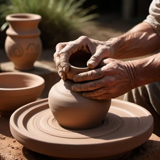 Prompt: The scene is set outdoors. A potters hands are working at a throwing wheel, soft light filtering in through. His hands are gently holding a mound of dry clay from the side, the mould so smooth and fluid. Rays of light seem to emanate from his fingertips, illuminating the surrounding area and highlighting the intricate details of the finished clay vessel in the foreground. The vessel is expertly crafted, with delicate patterns etched into its surface and a smooth, polished finish. 