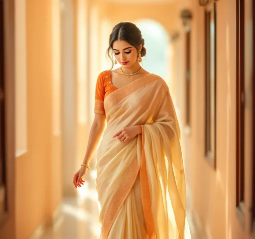 Prompt: Bathed in soft, warm light, a young woman gracefully walks through a corridor, exuding elegance in a beautiful cream-colored saree adorned with delicate borders. Her blouse, vibrant coral with intricate patterns, contrasts splendidly with the light fabric of her saree and highlir rant skin. She holds the pleats of her saree with one hand while gently looking down, showcasing subtle jewelry tha corridor, with its peach walls and framed windows, lends a serene backdrop, enhancing the calm atmosphere and feeling of grace as she navigates this quiet space. The overall scene captures a moment of poise and cultural beauviting admiration for her attire and expression.