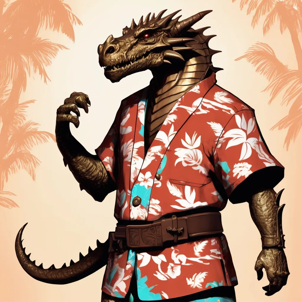 Prompt: Bronze Dragonborn in a Hawaiian Shirt