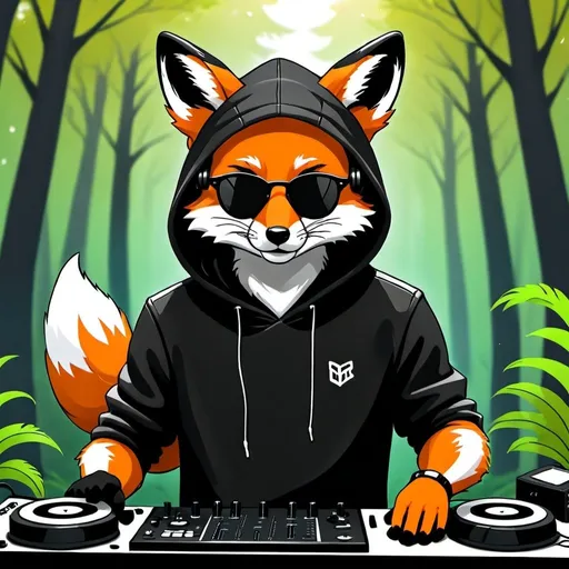 Prompt: Furry, Fox, Happy, wear headphones, wear a black hood, wear a black sunglasses, He have a nature background, he is mixing on DJ pult