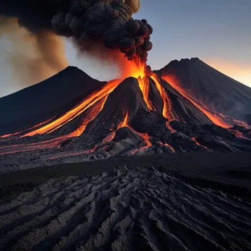 Prompt: In an intricate display, eruptions unfold like a symphony, with each volcano representing a note in the grand composition of Earth's tumultuous geology.