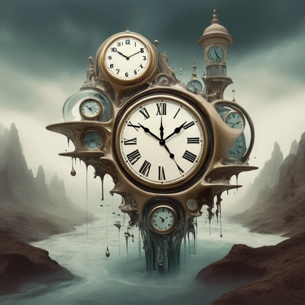 Prompt: In a surreal dreamscape, clocks melt and warp, echoing the fluidity of time itself.