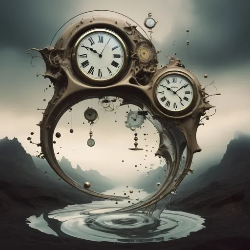 Prompt: In a surreal dreamscape, clocks melt and warp, echoing the fluidity of time itself.