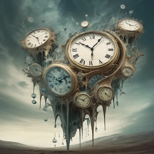 Prompt: In a surreal dreamscape, clocks melt and warp, echoing the fluidity of time itself.