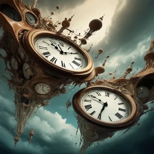 Prompt: In a surreal dreamscape, clocks melt and warp, echoing the fluidity of time itself.