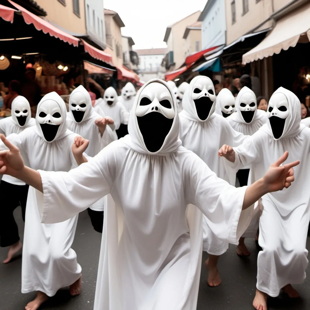 Prompt: People in masks (similar to the movie "scream") dancing (swaying violently) in a busy street market, who is grabbing terrified small people as other masked people dance. These masked people will all be wearing white cloaks. Make their arms and necks unnaturally long. Make their cloaks longe.