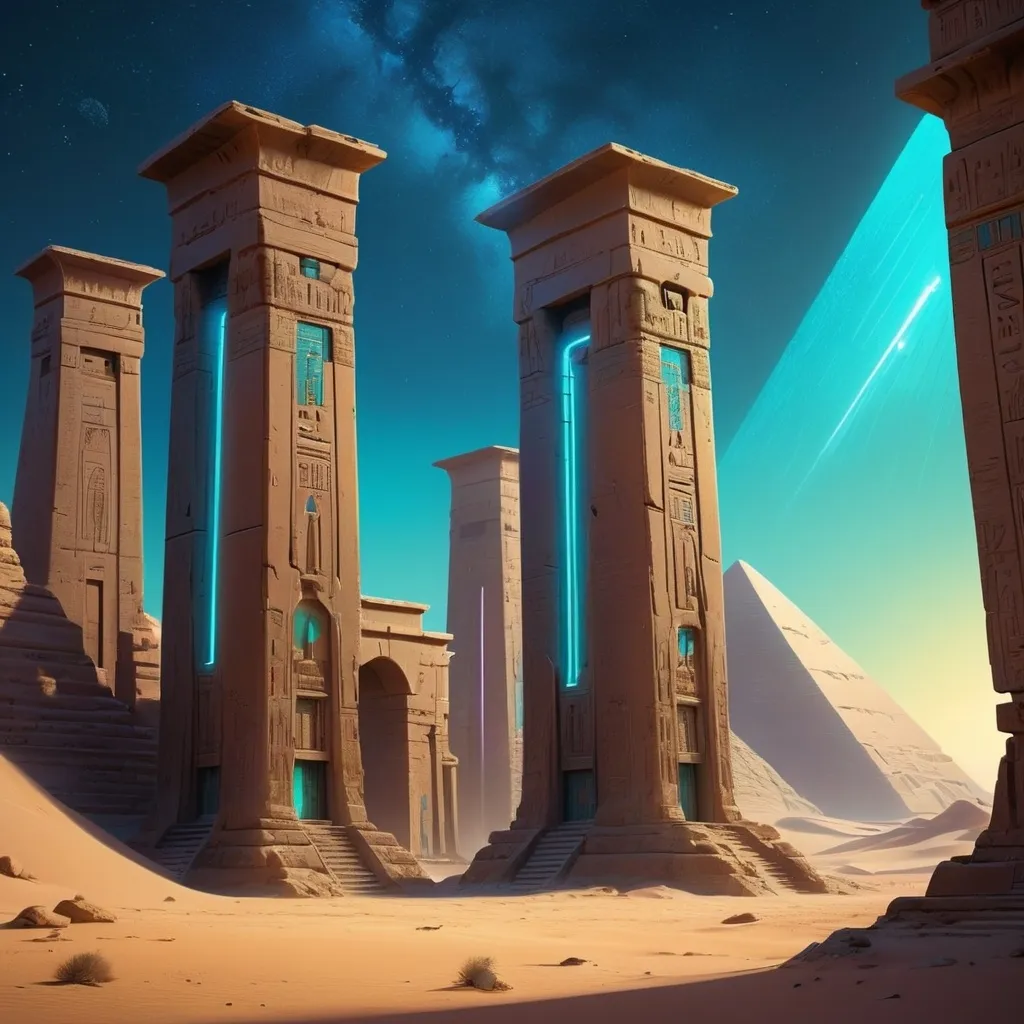 Prompt: (futuristic fantasy scene), ancient Egyptian architecture reimagined, high-tech ruins, (cool color scheme), glowing neon details, vast desert landscape, intriguing silhouettes, starry night sky dynamic ambiance, rich textures and intricate patterns, evoking a sense of wonder, (ultra-detailed) high quality, (cinematic lighting), exploring a distant future.