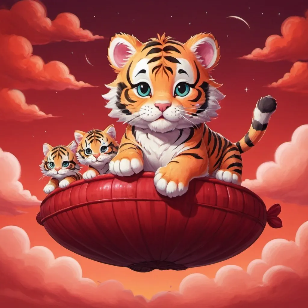Prompt: Cute pluffy Tiger Kitty floating in the red sky with his brothers