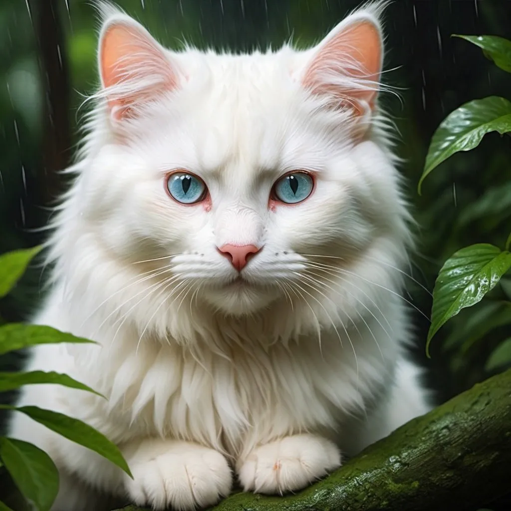 Prompt:   Creat  a impessive Cute white fluffy kitty with cute eye beautiful cat mom in the deep rain forest with feel of happieness