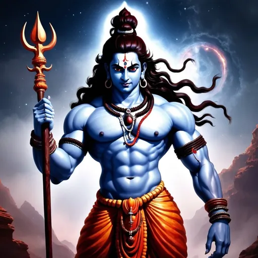 Prompt:  Shiva with his Rudra form with reddish eye and strongest body. he has six hands with very Universe powerful weapon. ''he look like it Destroyer of universe ''.