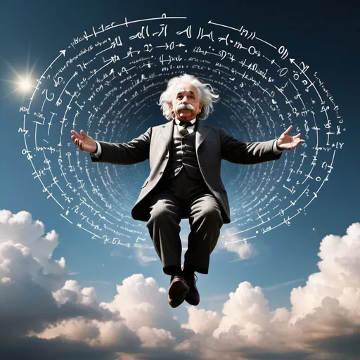 Prompt: Create an impressive image that Albert Einstein floating in the Sky with his equations which very beautiful equations