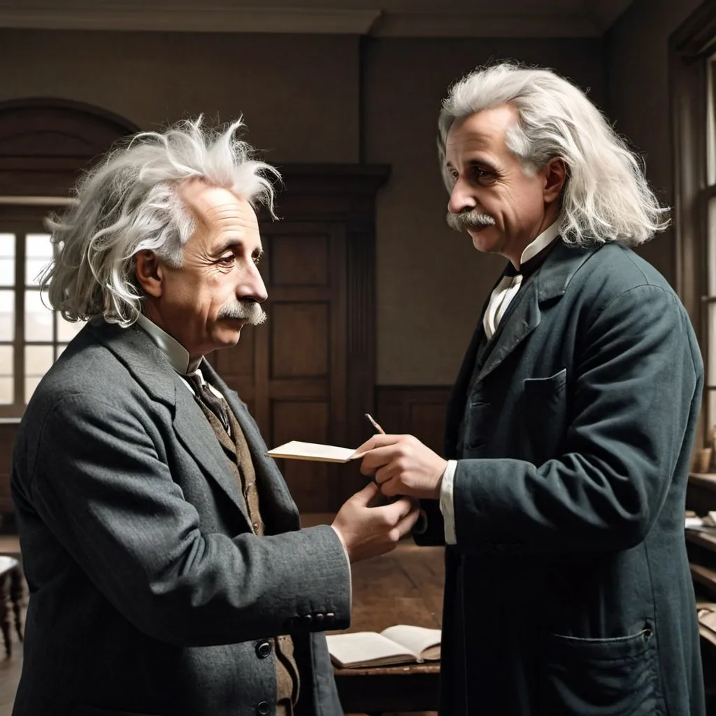 Prompt: Create an image that Albert Einstein meeting with Isaac Newton