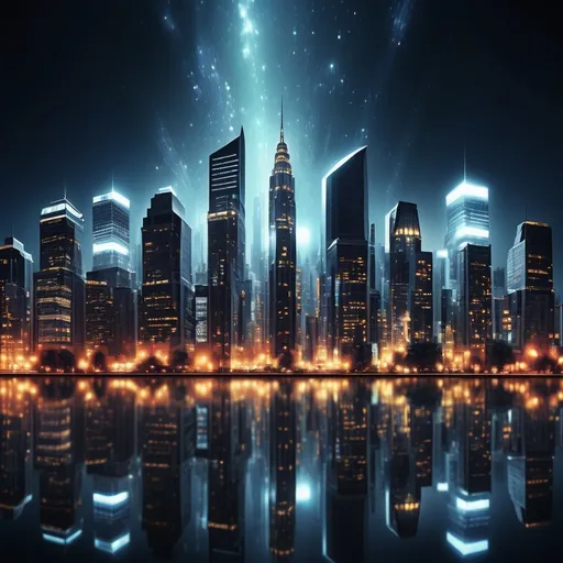 Prompt: Towering skyscrapers with (flickering lights), (night scene), vibrant urban (skyline), dramatic reflections, (moody colors), (high contrast), detailed architectural features, bustling streets below, (HD quality), capturing a lively city atmosphere, vivid light patterns, starry night sky above, sense of excitement and mystery, (ultra-detailed) scene.