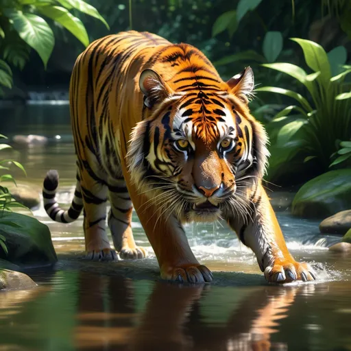 Prompt: Majestic tiger enjoying a meal, vibrant jungle surroundings, lush greenery, shimmering water reflecting sunlight, dynamic pose as the tiger elegantly dips its paw into the clear stream, action-oriented scene, rich warm colors, high detail, 4K resolution, showcasing the unique behavior of this beloved predator, evoking a sense of wonder and harmony with nature.