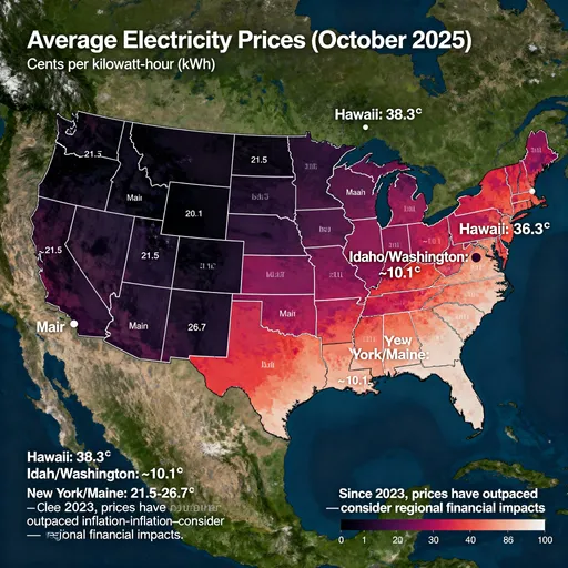 Prompt: A vibrant and detailed map illustrates the average electricity prices across U.S. states, measured in cents per kilowatt-hour (kWh) as of October 2025. The map prominently displays a range of colors, indicating various price levels, with the darkest shades representing the highest costs, such as Hawaii at an eye-catching 38.3 cents, while other states like Idaho and Washington show comparatively lower rates around 10.1 cents. Notably, several states in the Northeast, like New York and Maine, reflect higher electricity costs ranging from 21.5 to 26.7 cents. Accompanying text highlights that since 2023, electricity prices have escalated beyond inflation, prompting viewers to consider the financial implications in different regions. This visualization combines informative data with a clear, visually engaging design to effectively communicate the disparities in electricity costs across the country.