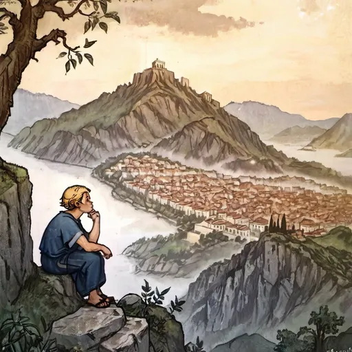 Prompt: Young Greek philosopher observing modern city from mountain, ancient tree in foreground, highres, detailed, realistic, classical painting, cool tones, atmospheric lighting, modern cityscape, distant skyscrapers, thoughtful gaze, traditional art, scenic landscape, serene ambiance