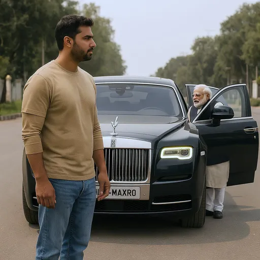 Prompt: A man suddenly stands up confidently, a Rolls Royce car of MINIMAXROO comes to him from behind and stops behind him. Then Narendra Modi comes out from inside the car after opening the door and then talks and handshake to the man standing there.