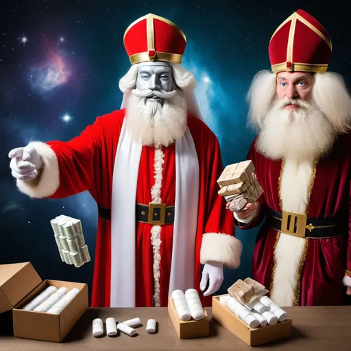 Prompt: Sinterklaas in a space with drugs criminals using drugs 