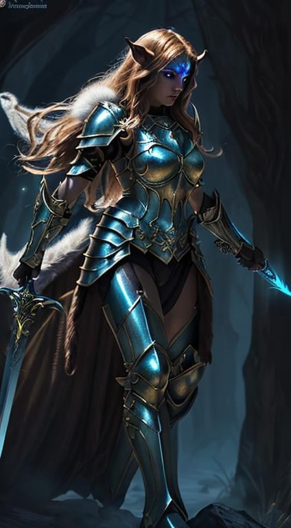 Prompt: attractive Satyr paladin wielding sword of light, fantasy, detailed fur, glowing eyes, divine warrior, majestic pose, epic battle, vibrant color tones, radiant lighting, high quality, fantasy art, mythical, divine, detailed armor, dramatic atmosphere, heroic, mythical creature, female, majestic, fantasy