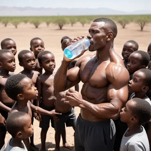 Prompt:   a muscular man is drinking water and getting on his chest surrounded by curious 100 little black children with no water on a dry land with big view
