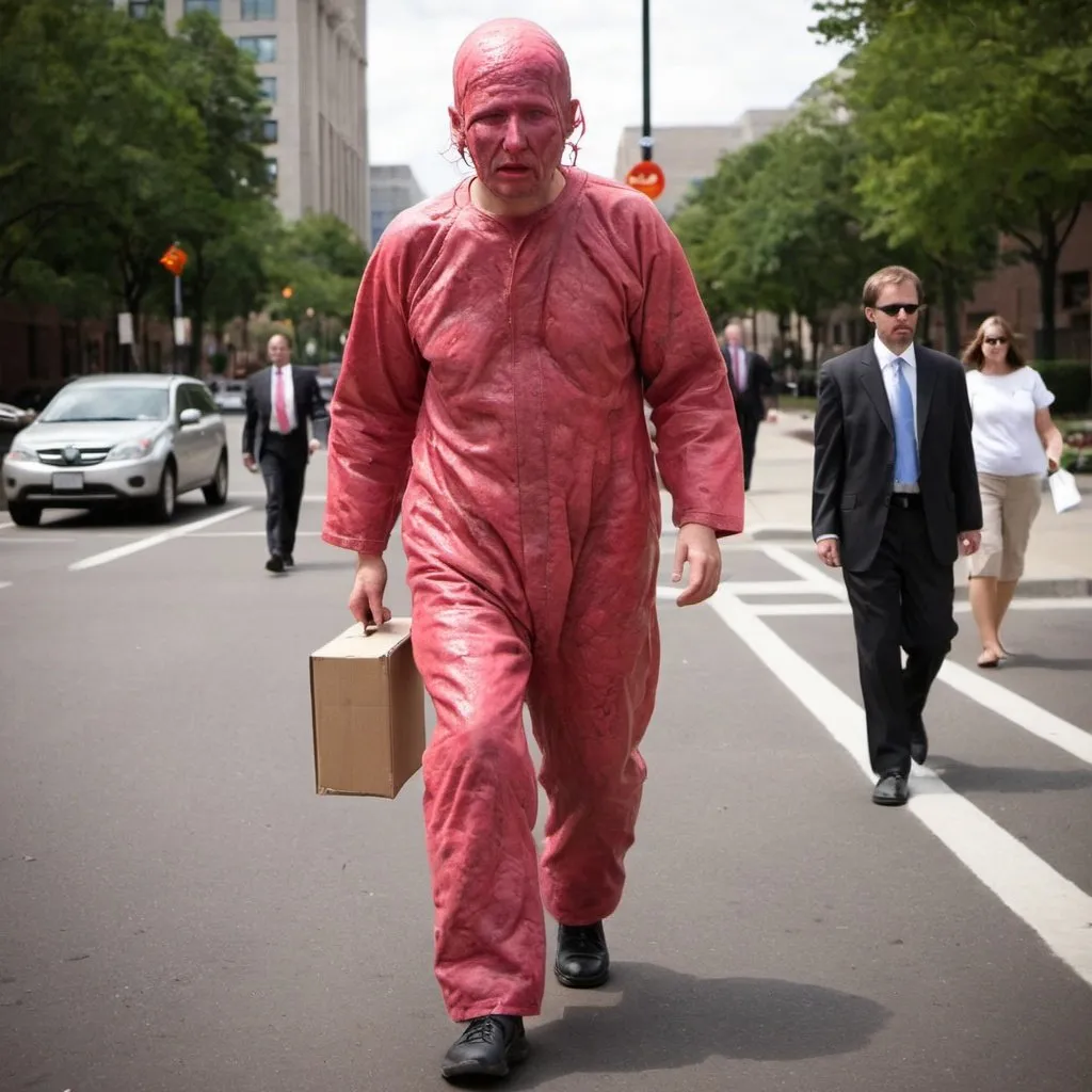 Prompt: Placenta Man going to court to end the war.