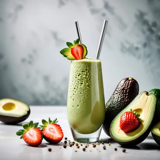 Prompt: Glamour photography of  an avocado in a glass with avocado smoothie and fresh fruits and vegetables on a counter with lots of cold ice cubes keeping the produce fresh and a stainless steel straw in a glass with fresh avocado and strawberry smoothie in a glass with hemp seeds clean white well lit background 
