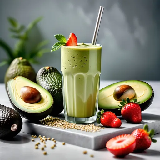 Prompt: Glamour photography of  an avocado in a glass with avocado smoothie and fresh fruits and vegetables on a counter with lots of cold ice cubes keeping the produce fresh and a stainless steel straw in a glass with fresh avocado and strawberry smoothie in a glass with hemp seeds clean white well lit background 
