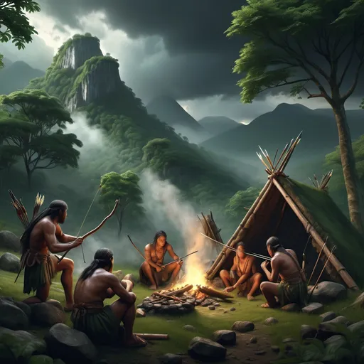 Prompt: (lush green mountains), (dark stormy sky), ancient society, prehistoric era, (scattered primitive people), one group cooking over fire, another group sharpening weapons, emphasizing communal living, dense forest landscape, atmospheric and moody setting, rich textures and details, (4K) ultra-detailed imagery, creating a sense of timelessness and survival.(intricate scene of archery and cooking), sharp facial features, (multiple figures) passionately engaged in hunting, while others (gather around a fire) expertly cooking fish, (cool tones) of blue and green hues dominate the scene, (highly detailed) textures emphasizing the cold atmosphere, (dynamic composition) that reflects teamwork and ancient traditions, (natural environment setting) with foliage and nature elements surrounding the activities, (ultra-detailed) visual quality.