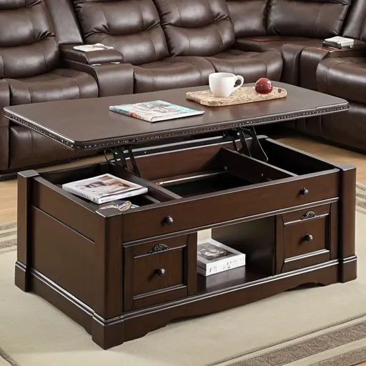 Prompt: Coffee table with lift and attached drawer storage
