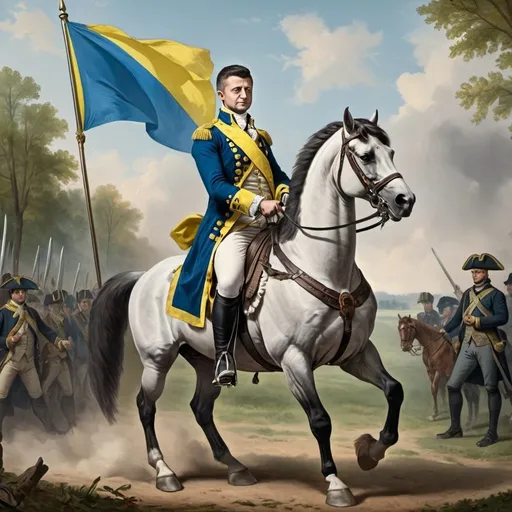 Prompt: Volodymyr Zelensky riding George Washingtons' horse, sword in hand, and Ukraine Flag visible in  the 18th-century style

