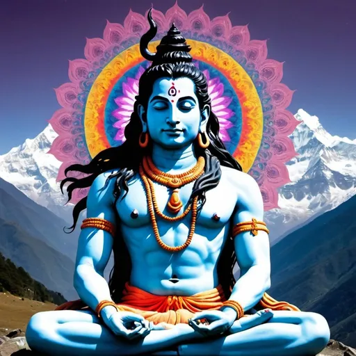 Prompt: psychedelic of lord shiva in the himalayas happy and powerfully meditating