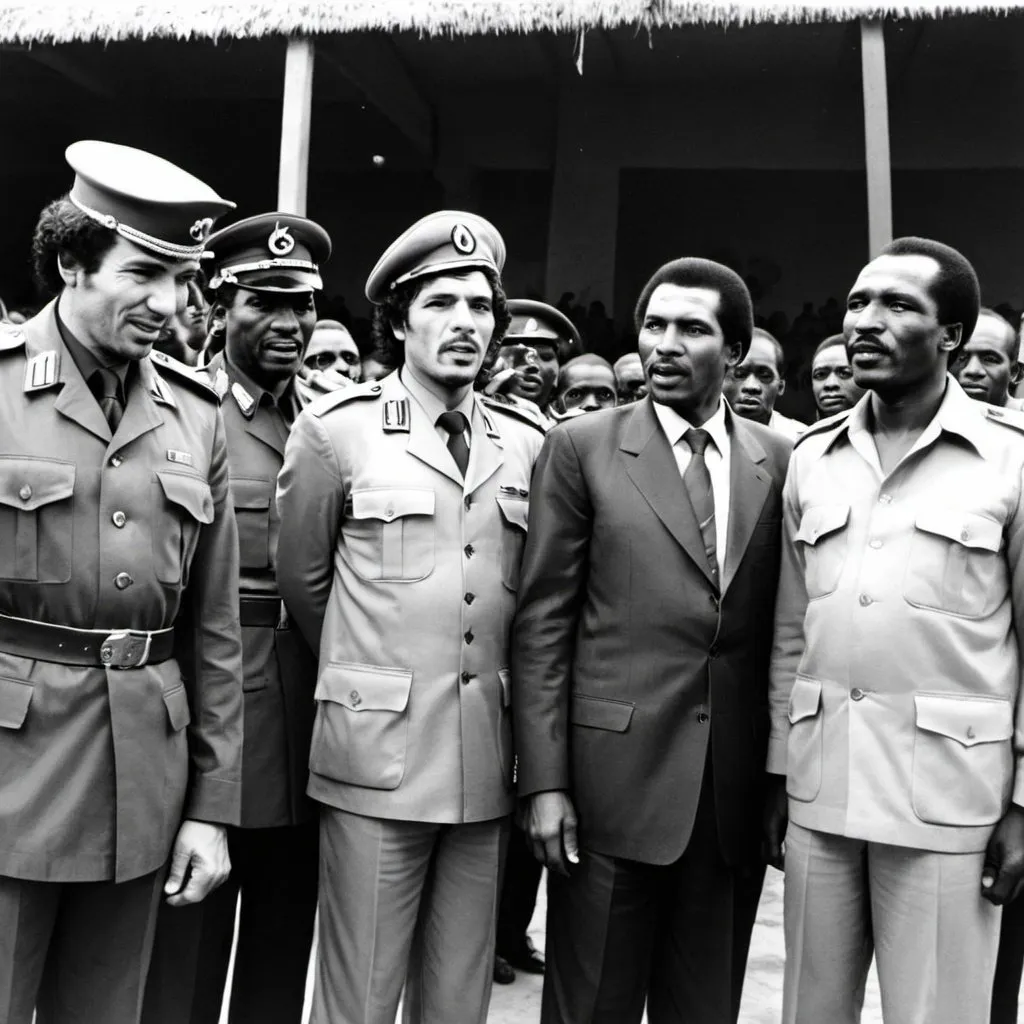 Prompt: Image containing Che Guevara, Muammar Gaddafi, Thomas Sankara, Jaramogi Oginga Odinga and Tom Mboya.
