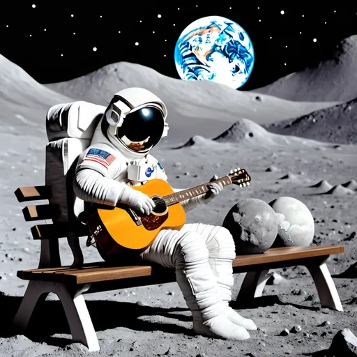 Prompt: um astronauta tocando volão sentado em um banco na lua observando a terra