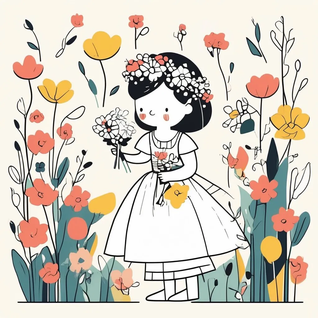 Prompt: a flower girl, whimsical, thin line art, flat color illustration, high quality