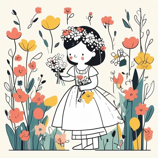 Prompt: a flower girl, whimsical, thin line art, flat color illustration, high quality