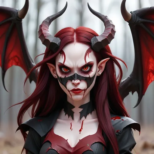 Prompt: A female demoness with white pale skin dark red and black clothes wings one torn a tail huge horns one broken and a broken halo dark red hair and black face mask with blood on it