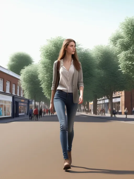 Prompt: Tall young woman walking down the high street, detailed clothing, realistic, natural lighting